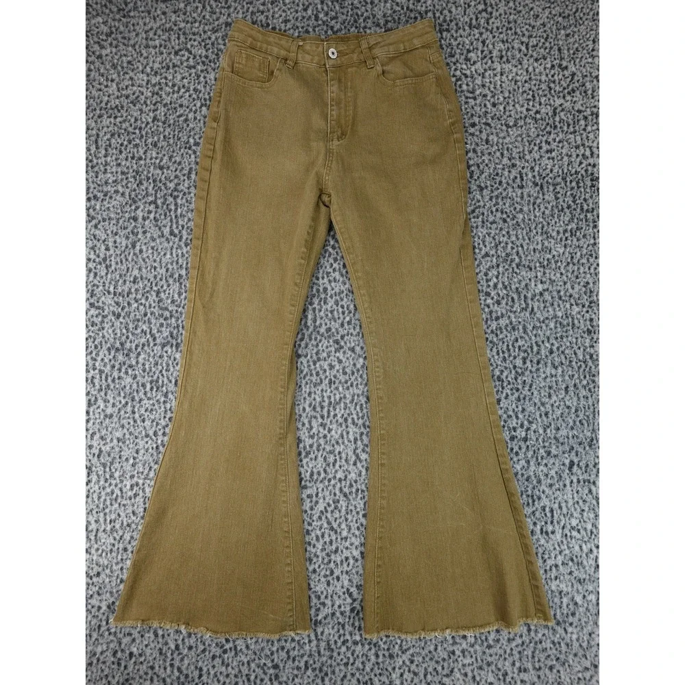 Unbranded Flare Jeans Womens Size L Brown Mustard High Rise Bell Bottom Raw Hem